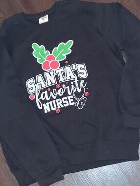Black Sweatshirt with Green Holly and Red Berry Nurse Graphic